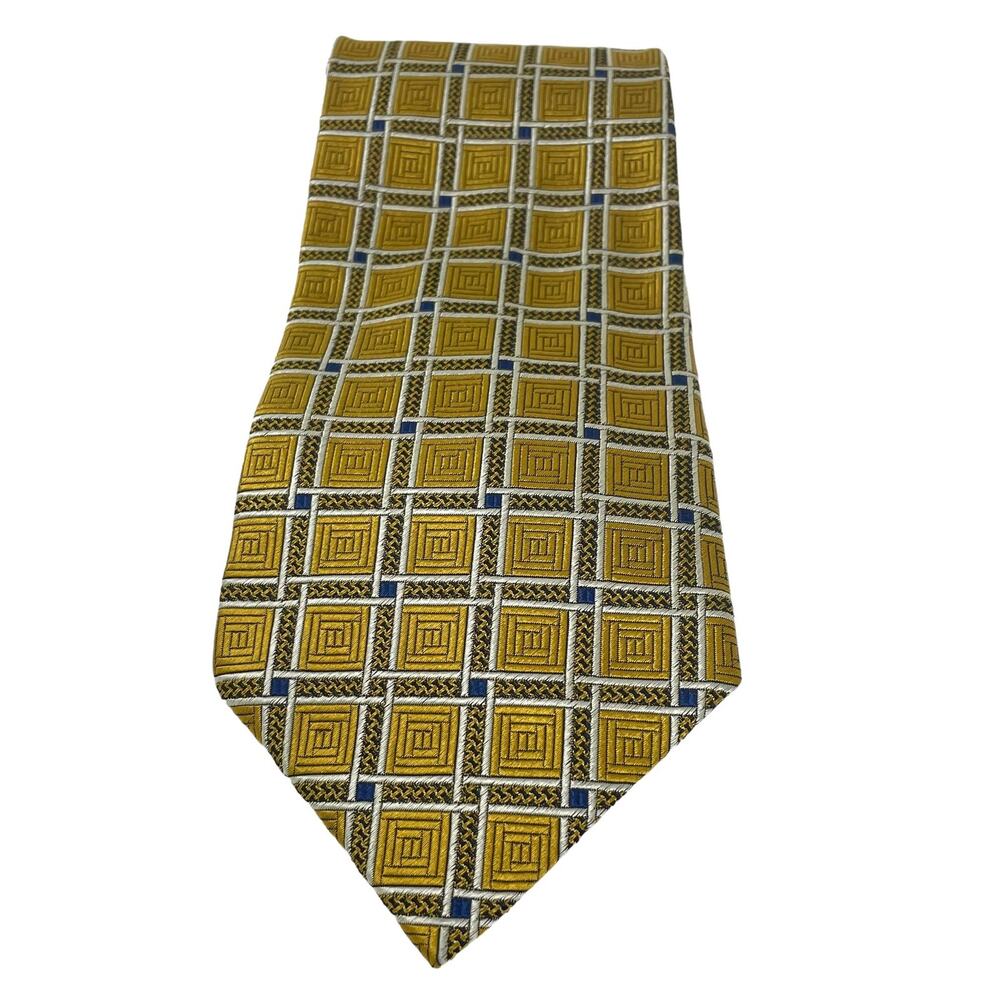 Ermenegildo Zegna 100% Silk Tie Made in Italy Gold Square Graphics